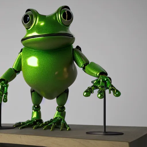 Image similar to a robot frog on a table, octane render, 3D, extremely detailed, accurate