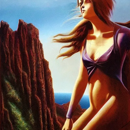 Image similar to teenage emo woman standing on a cliff, heroic, epic, matte painting by Boris Vallejo