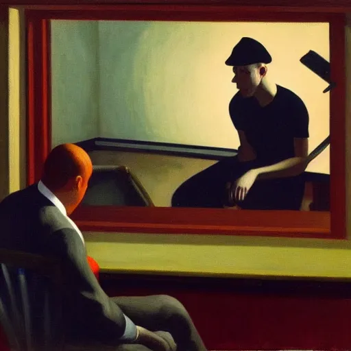 Image similar to a dark edward hopper oil painting of a man playing video games