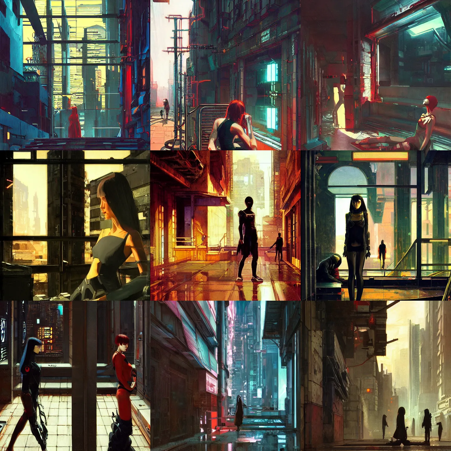 Prompt: A cyberpunk scene painted by John William Waterhouse and Ilya Kuvshinov and Edward Hopper. HD