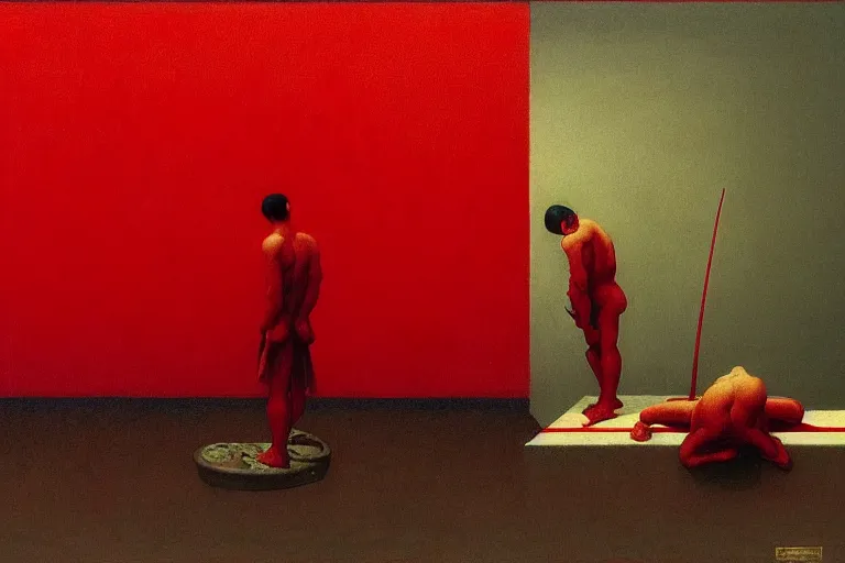 Image similar to only with red, a red samurai do seppuku, tokio, a lot of frogs watch, in the style of beksinski, parts by edward hopper, parts by rodcenko, parts by yue minjun, intricate and epic composition, red by caravaggio, insanely quality, highly detailed, masterpiece, red light, artstation, 4 k