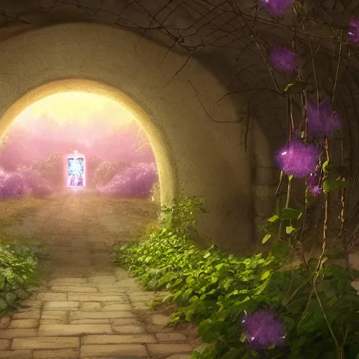 Image similar to a christian cross as the light at the end of the tunnel, with pale purple and pale pink lighting, with a few vines and overgrowth, studio ghibli, cinematic, realistic painting, high definition, digital art, symmetrical, very detailed, extremely high detail, photo realistic, concept art, unreal engine 5,