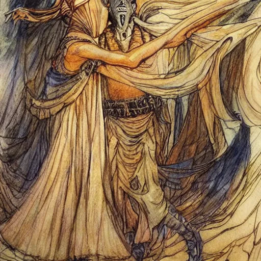 Prompt: a mummy dances, graphic novel style by alan lee and john howe