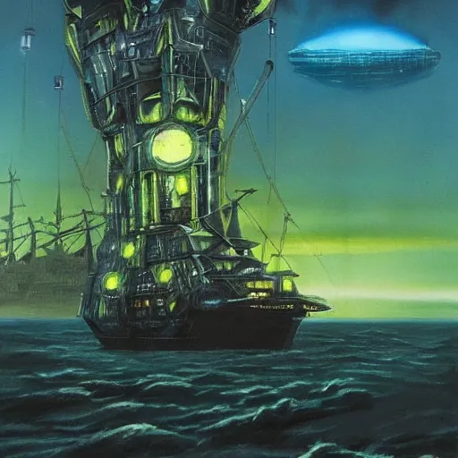 Prompt: an ominous biopunk tower with glowing lights rising in the distance with a ship sailing in the foreground, painting by John Berkley