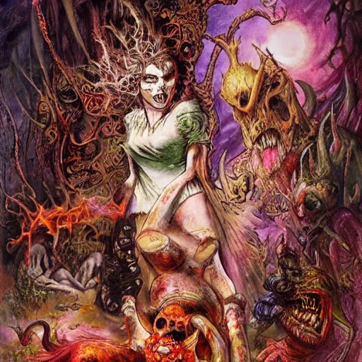 Prompt: princes of hell in alice in wonderland tripping on ayahuasca with faces in the background, intricate detail, painting, royo, frazetta, whealan,