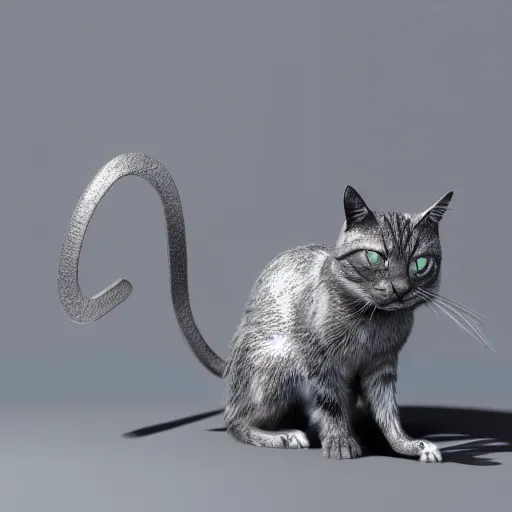 Prompt: 3d quicksilver metal cat standing with mouse in mouth, octane render, cinematic lighting, dynamic, high detail, mirror texture, artstation, silver highlights