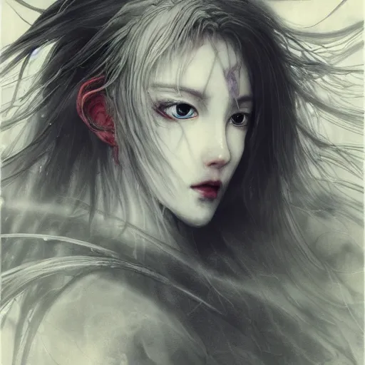 Image similar to yoshitaka amano blurred and dreamy realistic illustration of an anime girl with wavy white hair and cracks on her face wearing elden ring armor with the cape fluttering in the wind, abstract black and white patterns on the background, noisy film grain effect, highly detailed, renaissance oil painting, weird portrait angle