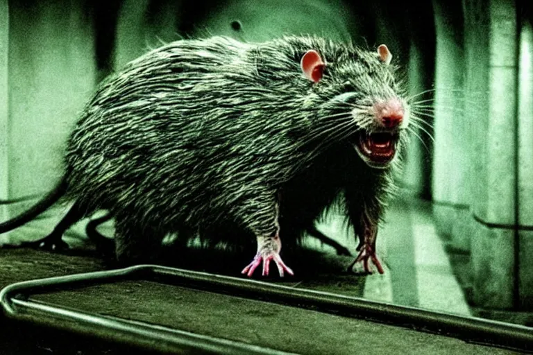 Image similar to very large giant mutant zombie irradiated ( angry rat ) staying on railways in tonnel of moscow subway. tonnel, railways, giant angry rat, furr, fangs, claws, very realistic. extreme long shot, 1 6 mm, herman nitsch, giger.