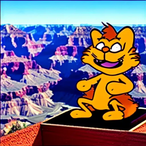 Image similar to Garfield doing a kick flip over the grand canyon Garfield is very fuzzy, stunning detail, photo realistic, realistic lighting