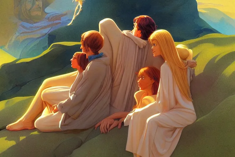 Prompt: beautiful painting of friends, beautiful faces, sitting on the edge, cute, soft light, digital painting by ralph mcquarrie and benoit b mandelbrot and franklin booth