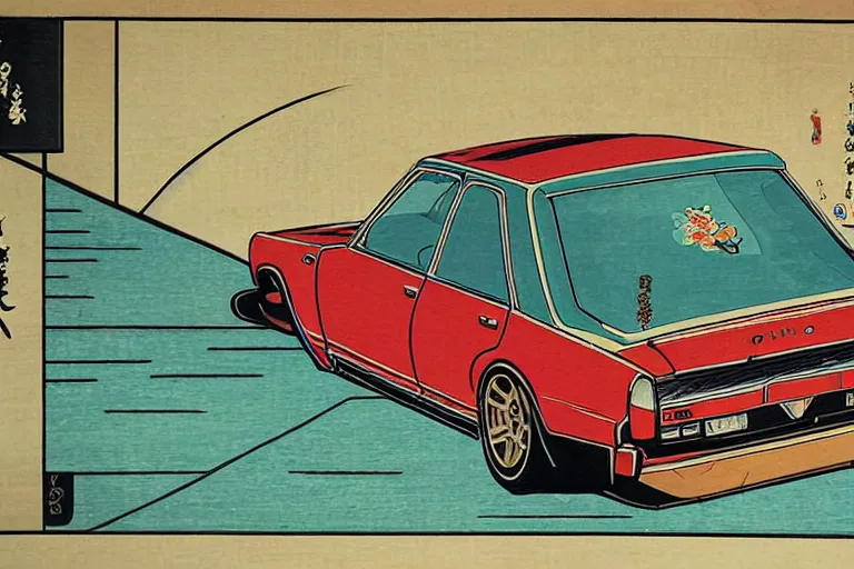 Image similar to ukiyo - e painting of a datsun 5 1 0