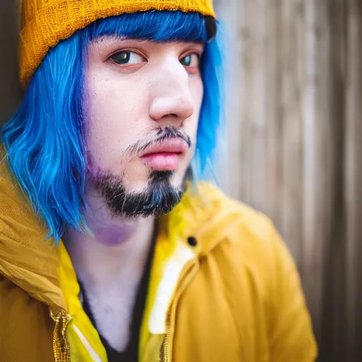 Image similar to rimuru tempest, young man blue hair,!!!!! yellow eyes!!!!! canon eos r 3, f / 1. 4, iso 2 0 0, 1 / 1 6 0 s, 8 k, raw, unedited, symmetrical balance, in - frame