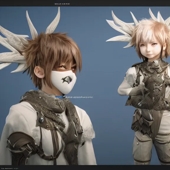 Image similar to 3D render of a cute anime boy wearing a detailed mask, fantasy artwork, fluffy hair, mid-shot, award winning, hyper detailed, very very very beautiful, studio lighting, artstation, unreal engine, unreal 5, 4k, octane renderer