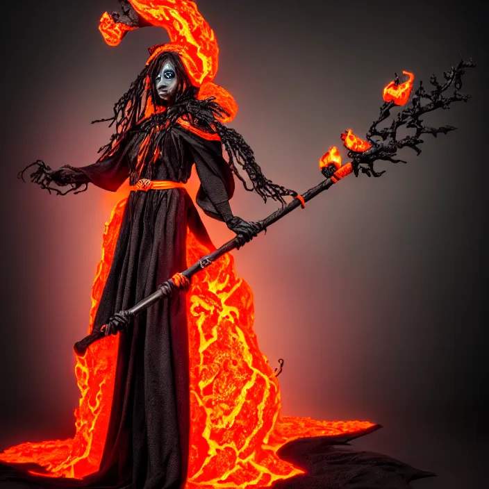 Image similar to professional photograph of a real-life beautiful elemental lava witch with ornate orange and black robes and staff. Extremely detailed. 8k