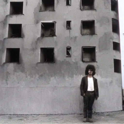 Image similar to brutalist buildings, rundown buildings, orwellian dystopia, totalitarian murals on building walls, hooligans with shaggy hair and blue suits, 1 9 7 1 cinematic, 8 mm photo lens, kodak