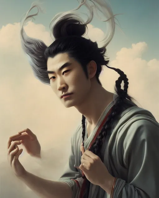 Prompt: portrait, fujin, handsome male japanese god of wind, long braided white hair, dramatic, very detailed, ornate, sky, clouds, 8 k, octane render, william bouguereau, rossdraws, greg rutkowski