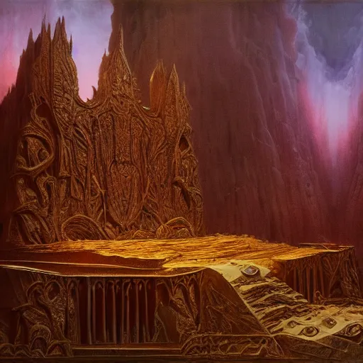 Prompt: the throne of majesty | highly detailed matte painting, hyperrealistic, very intrincate | cinematic lighting, award - winning | by rachel ruysch, giger, beksinski and bocklin | by austin osman spare and william blake, trending on artstation, cgsociety, official art, octane.