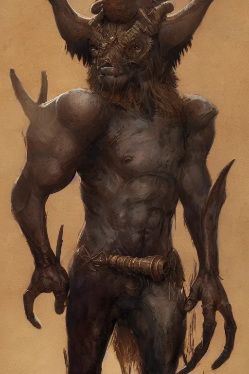 Image similar to full length portrait of a minotaur wearing a suit by greg rutkowski and rick berry and norman rockwell and everett raymond kinstler and greg staples and nc wyeth, artstation creature