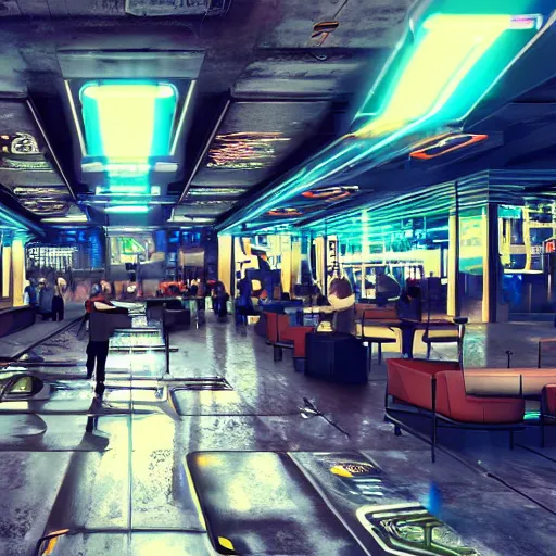 Prompt: digital HD cyberpunk indoor cafe