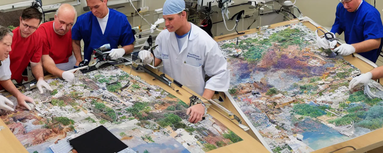 Prompt: three surgeons performing an operation on a 1000 piece jigsaw puzzle of a landscape on an operating table