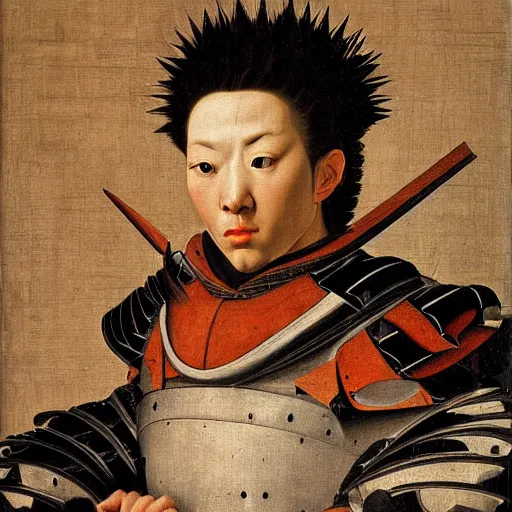 Image similar to a renaissance style portrait of a full armored samurai by Caravaggio, oil painting, thick brush strokes, loose details