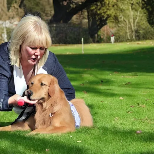 Prompt: A high-quality photo of a Golden Retriever teaching Nadine Dorries to read the alphabet