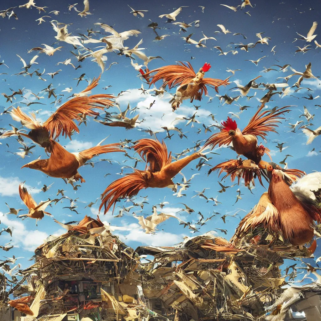 Image similar to rooster fighting hoards of seagulls . spaceship dropping up speakers in air and gecko djing on top of the spaceship