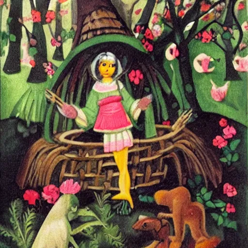 Image similar to In the print Vasilisa can be seen standing in the forest, surrounded by animals. She is holding a basket of flowers in one hand and a spindle in the other. Her face is turned towards the viewer, with a gentle expression. In the background, the forest is depicted as a dark and mysterious place. hollywood cerise, Monster Rancher by Hannah Hoch