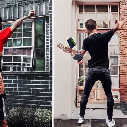 Prompt: angry instagram influencer throwing a brick through someone's window