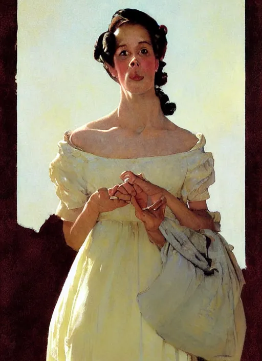 Image similar to illustration upper body and head portrait of elegant woman in summer dress, by norman rockwell, roberto ferri, daniel gerhartz, edd cartier, jack kirby, howard v brown, ruan jia, tom lovell, frank r paul, jacob collins, dean cornwell, pulp 5 0 s scifi