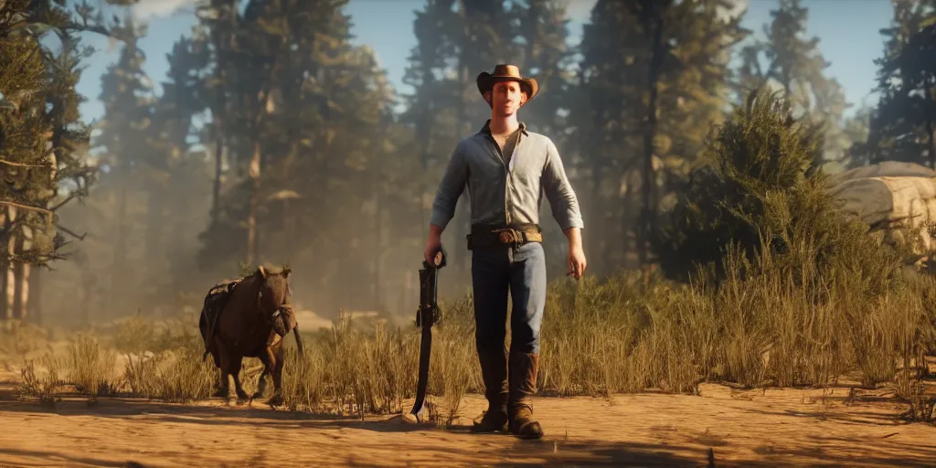 Image similar to Mark Zuckerberg from Red Dead Redemption 2, wide shot, ray tracing, 8k