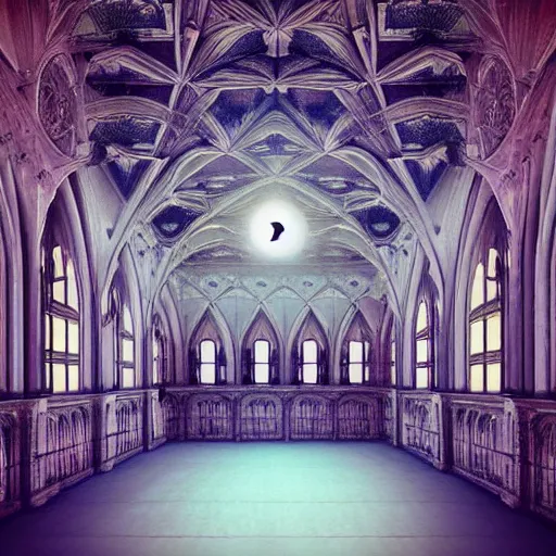 Image similar to large gothic hall with a large moon on the ceiling, cyberspace, soft light, art station, detailed, colorful, symmetrical