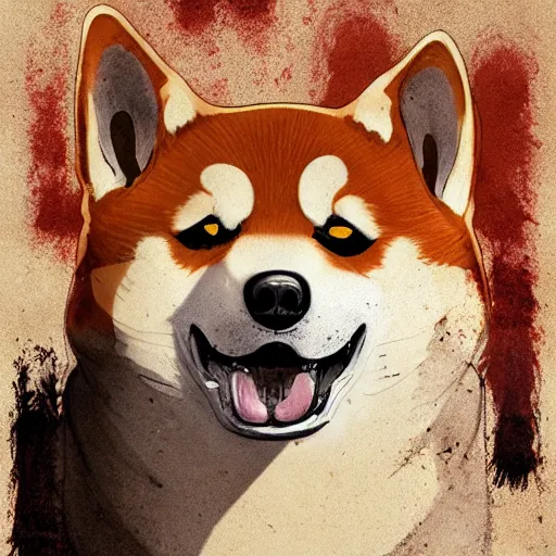 Image similar to color head portrait of shiba inu as a zombie, 7 days to die zombie, gritty background, fine art, award winning, intricate, elegant, sharp focus, cinematic lighting, digital painting, 8 k concept art, art by michael hussar, art by brom, art by guweiz and z. w. gu, 8 k