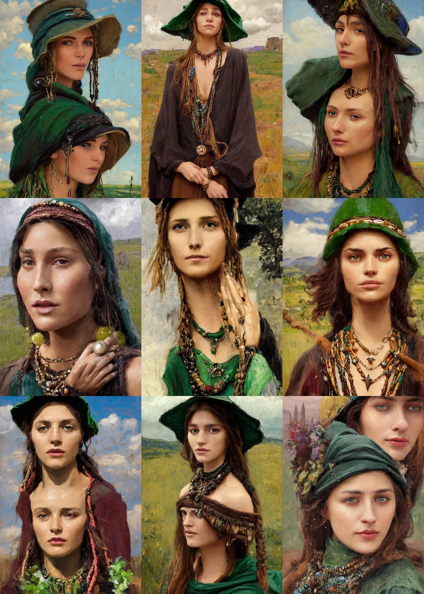 Prompt: portrait of medieval farmer beautiful young girl with wooden jewelry, mediterranean features, wearing rich jewerly hat and black and green boho poncho, fantasy character close up portrait, decollete, sitting dynamic pose, Low poly, thunder clouds in the sky, artwork by Jeremy Lipkin and Giuseppe Dangelico Pino and Michael Garmash and rob rey, levitation, industrial rusty pipes, simple form, brutal shapes