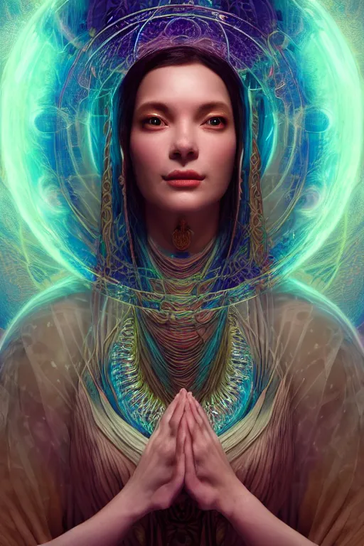Prompt: a centered render of a wise and mystical goddess shaman summons the souls of ancestors past and is surrounded by ethereal lights and fractal geometry, cinematic, beautifully lit, perfect face, by artgerm, by beeple, by karol bak, by donato giancola, 3 d, trending on artstation, octane render, 8 k