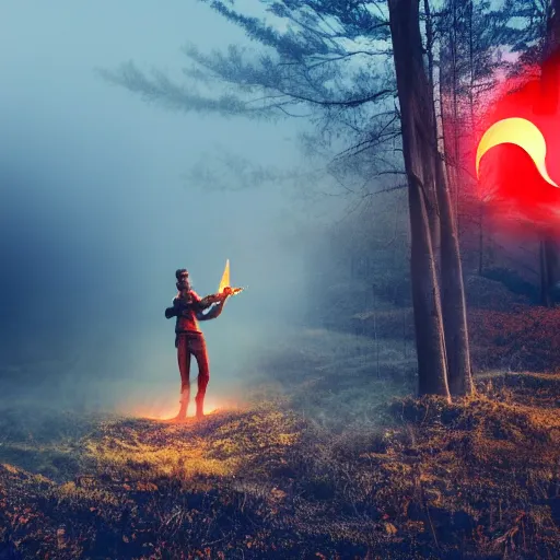 Image similar to golden man holding a sword obsidian sword sword on fire (Foggy forest backdrop) (red crescent moon) (white fog)