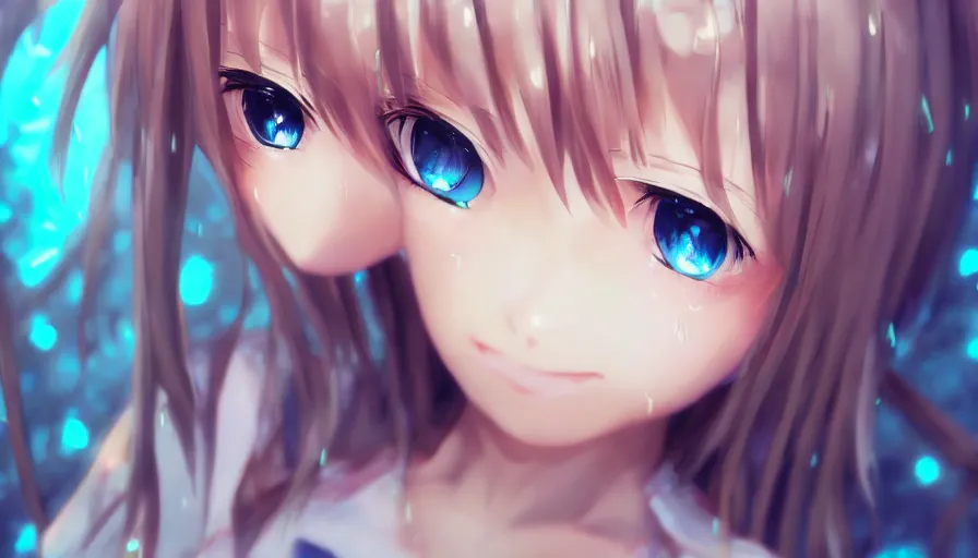 Image similar to cute anime girl by wlop, detailed eyes, heterochromia, bright eyes, closeup, happy expression, short minidress, light clothing, light rain, hyper real, detailed digital art, hatsune miku, photorealistic