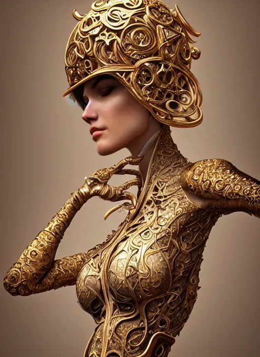 Image similar to a portrait of female in wearable sculpture art, ornate, metal works, intricate details, elegant, highly detailed, digital photography, artstation, glamor pose, concept art, smooth, sharp focus, art by artgerm and greg rutkowski, 3 d character, whole body, full body, film, photorealistic, unreal engine