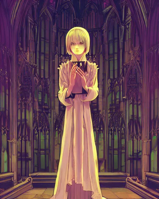 Prompt: Cute young girl in Ornate magical robe in the Gothic and fantasy Church,Neon light edge,dark,mist, mystery,Cybernetic, sci-fi,by Studio Ghibli,Ilya Kuvshinov,Ayami Kojima,Ohara Koson