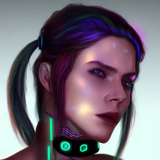 Prompt: headshot artwork of cyberpunk woman wearing thick steel choker, 4K, realistic, artstation, neon,