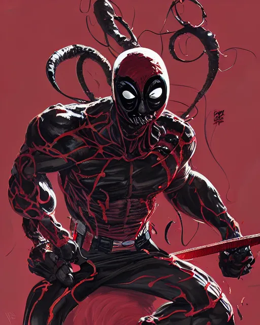 Image similar to highly detailed closeup portrait of a mutated venom symbiote in deadpool suit with a fierce expression, wearing his katana, by atey ghailan, by greg rutkowski, by greg tocchini, by james gilleard, by joe fenton, by kaethe butcher, red, black, crimson and grey color scheme