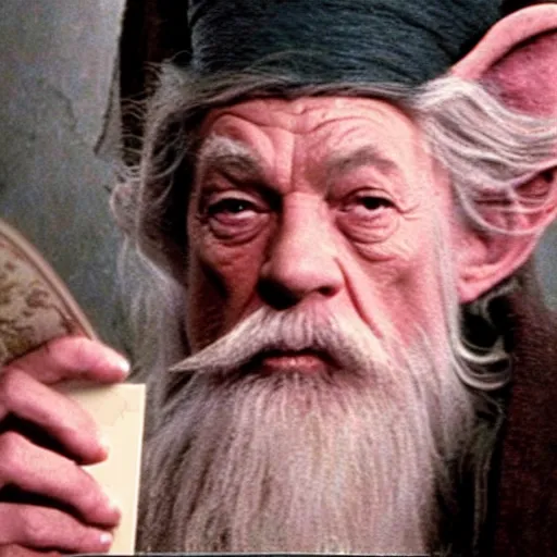 Image similar to portrait of gandalf with a pink bowtie on his head, holding a blank playing card up to the camera, movie still from the lord of the rings