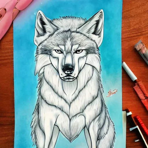 Image similar to Beautiful portrait of an anthro wolf wearing a cute summer outfit Summer Atmosphere. detailed, inked,
