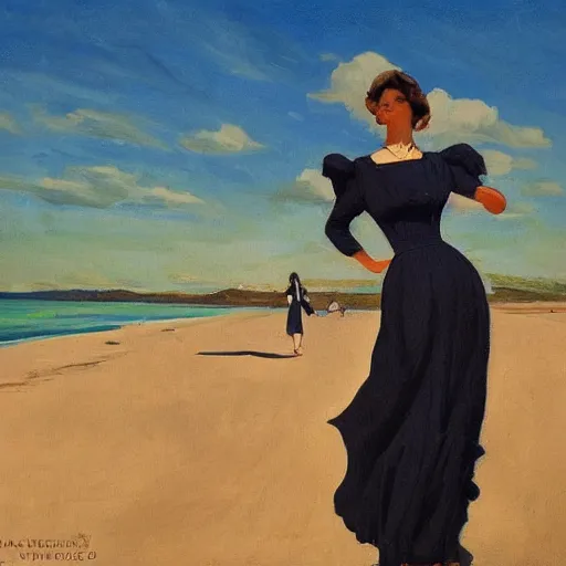 Prompt: woman in black dress on the beach, blue sky, leyendecker style