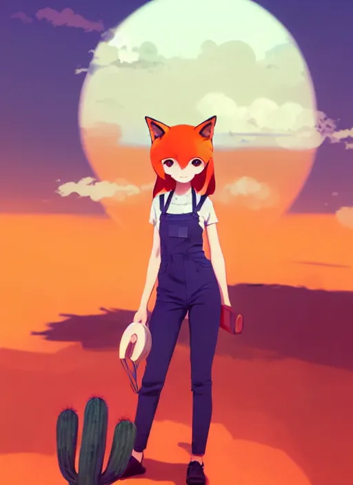 Image similar to portrait of cute redhead foxgirl in orange jumpsuit with fox ears by ilya kuvshinov, holding a cactus, cloudy sky background lush landscape illustration concept art anime key visual trending pixiv fanbox by wlop and greg rutkowski and makoto shinkai and studio ghibli