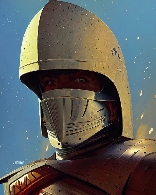 Prompt: a knight in the style of jean giraud / ralph mcquarrie / syd mead / john berkey hyper detailed photorealistic highlights and shadow hd 8 k post - processing high resolution character portrait concept art