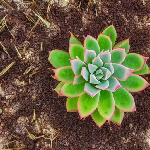 Prompt: succulents growing in dirt, orange tint, mixed media photography, very detailed, top down perspective,