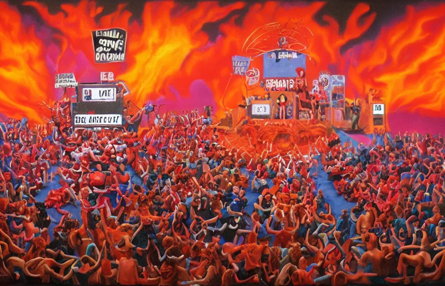 Image similar to A retro 1980s game show being hosted by Satan wearing a colorful suit at center-stage, in front of a live studio audience of cheering demons and strange creatures in the bleachers, in the middle of a cavernous firey molten landscape of Hell, oil on canvas, painting, cohesive, realistic, trending on Artstation, 4k, wide shot