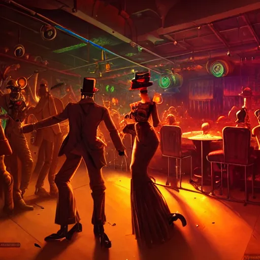 Image similar to steampunk robots dancing at a night club by otto dix and greg rutkowski and andreas rocha, cinematic lighting, warm colours, ultra realistic, unreal engine, trending on artstation, 4 k