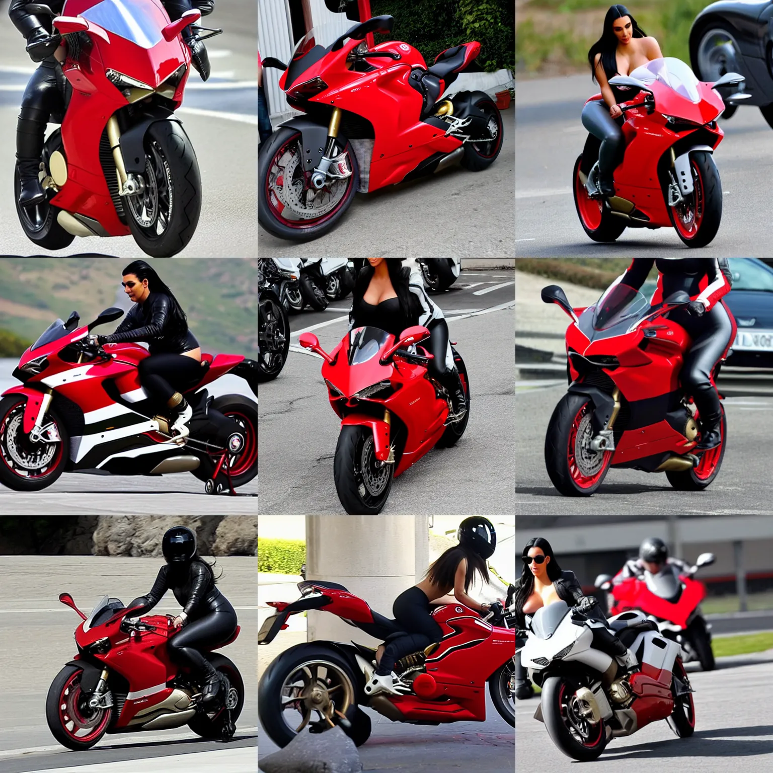 Prompt: Kim Kardashian riding a Ducati Panigale